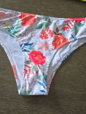 Women’s Floral Bikini Bottom - White with Coral & Green